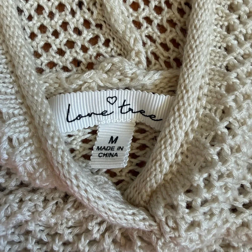 Love Tree Cream Open Knit Mesh Crochet Hoodie Sweater Womens‎ Medium Boho Beach